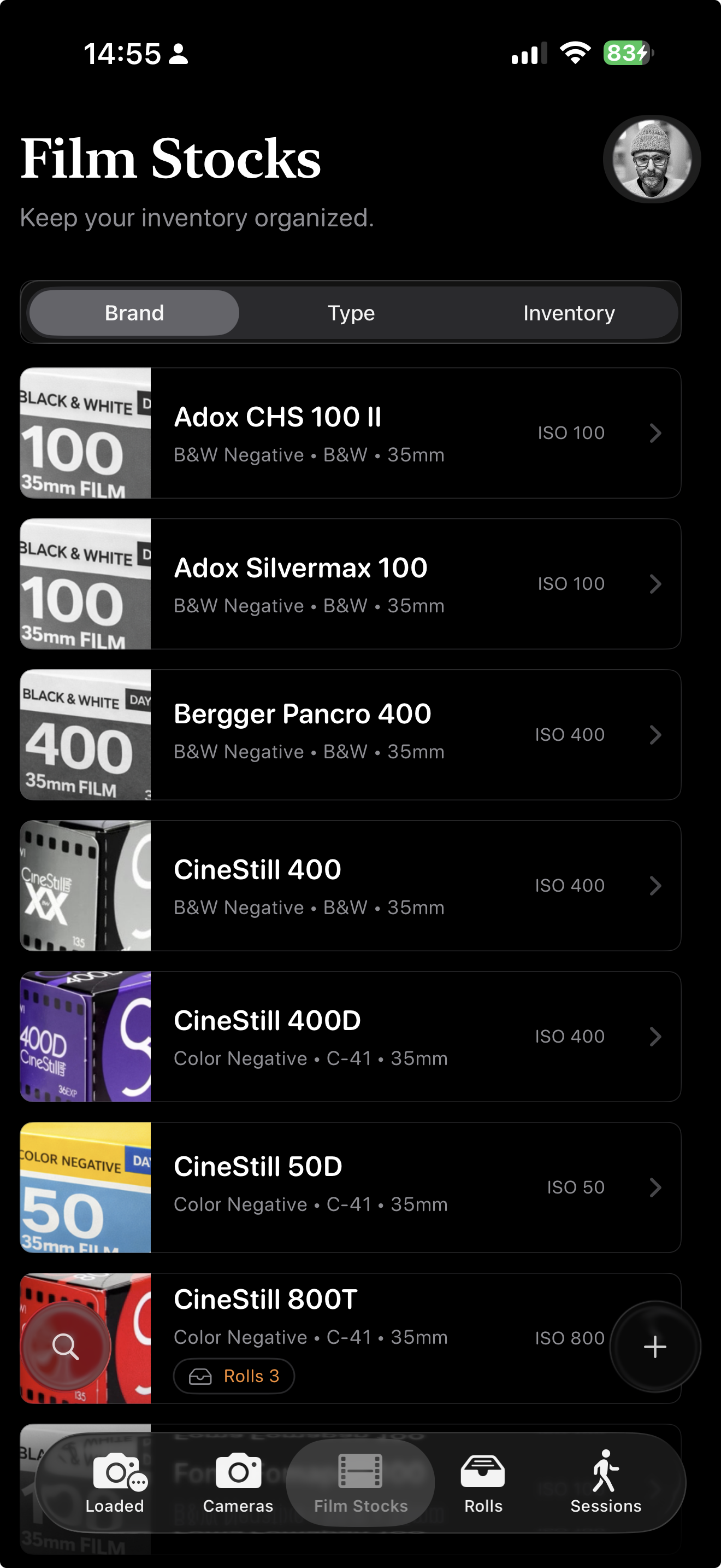 Film stocks list grouped by brand, type, and inventory