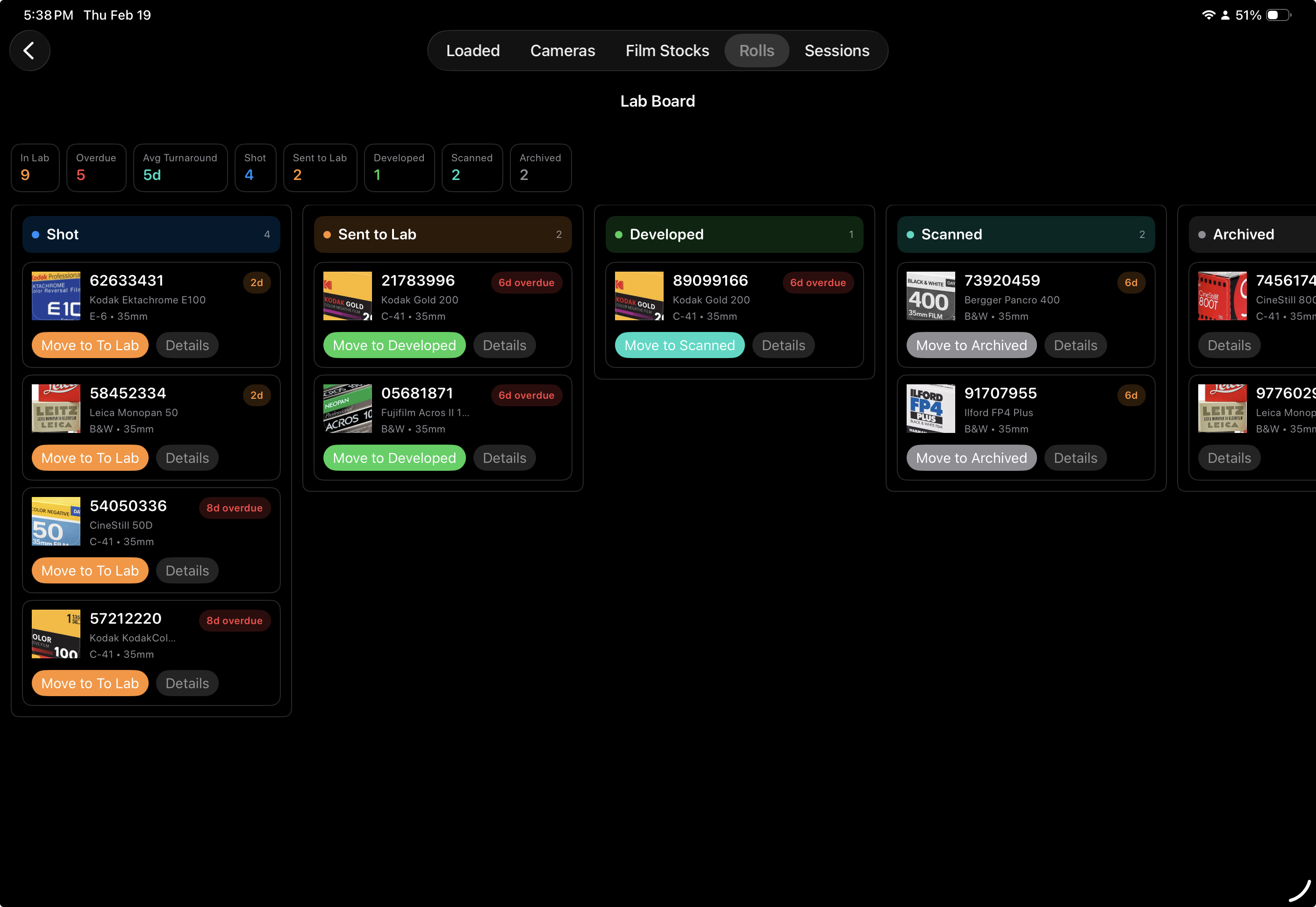 iPad Lab Board overview with roll lanes and status counts