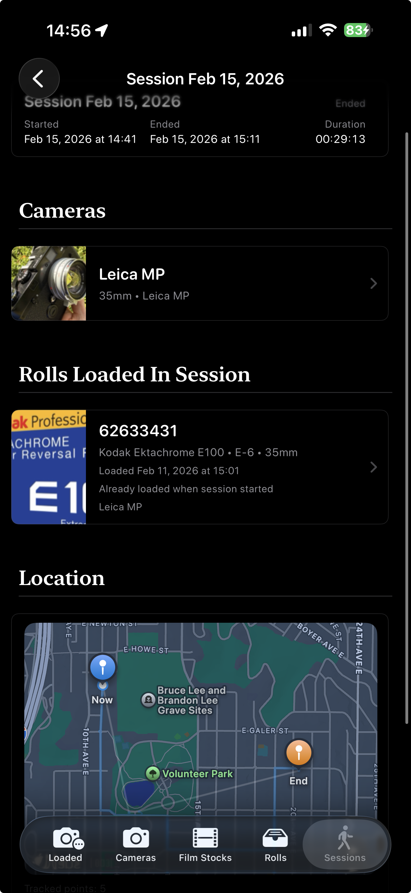 Session detail with camera, loaded roll, and location history